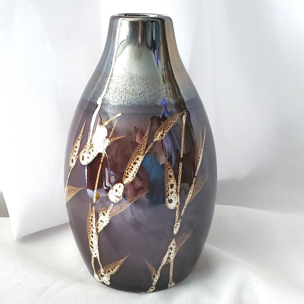 VTG‎ Ceramic 5" Vase With Metallic Finish Brown with Wheat Design Bud Vase